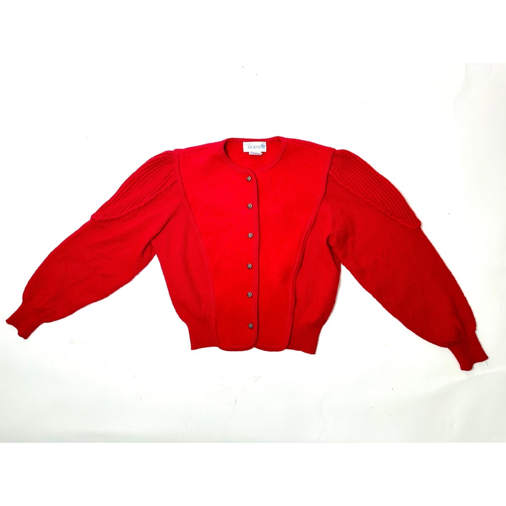Vintage 80s Deans Red Wool Puff Sleeve Cardigan Austrian Tyrolean Sweater 42